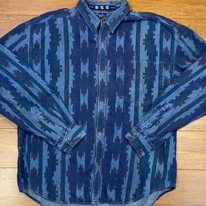 Vintage 90’s Basic 955 Jeans Cotton Blue Patterned Denim Shirt size M